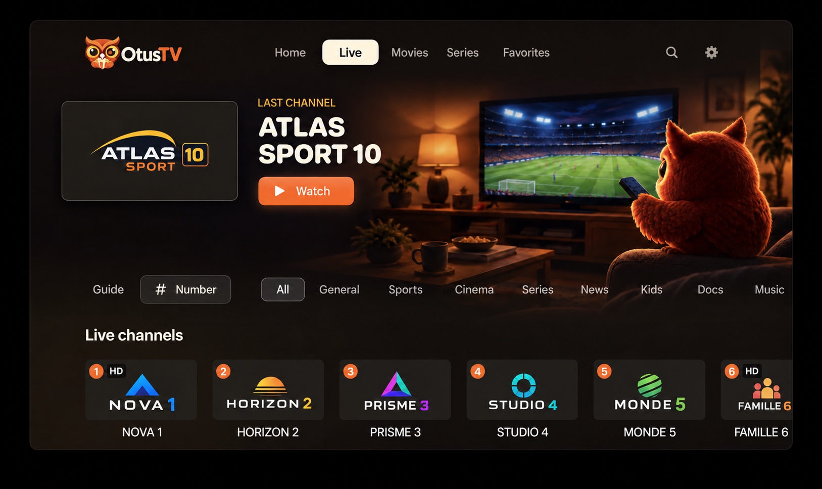 OtusTV Live view with fictional sports channels