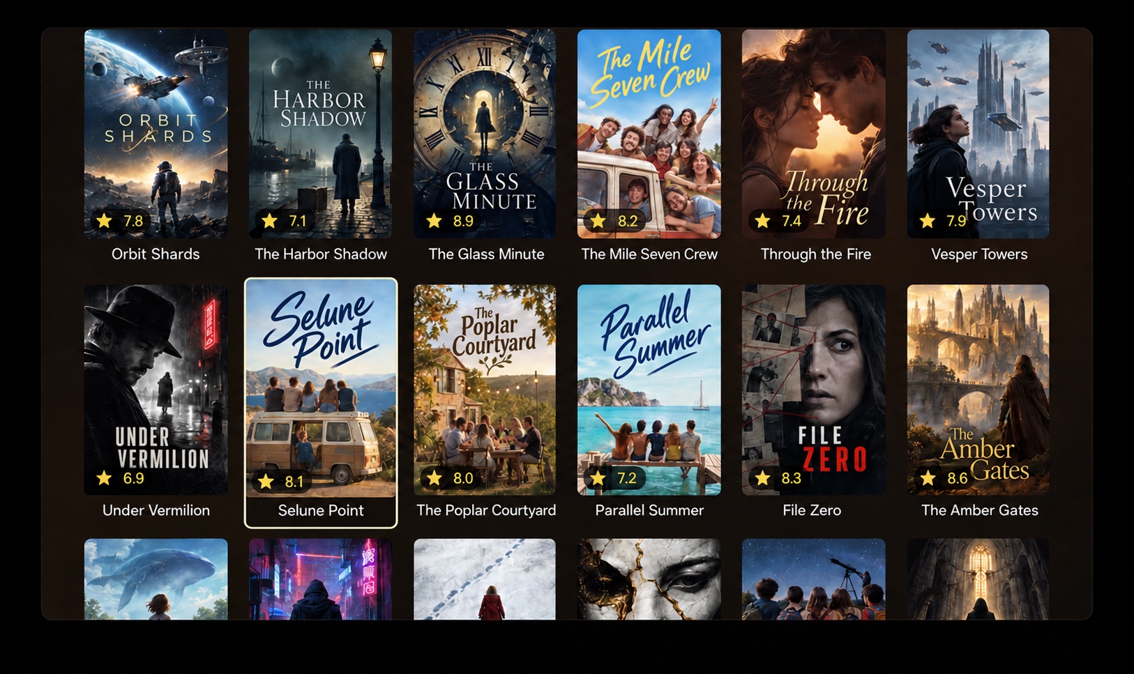 OtusTV Series view with fictional show posters and ratings